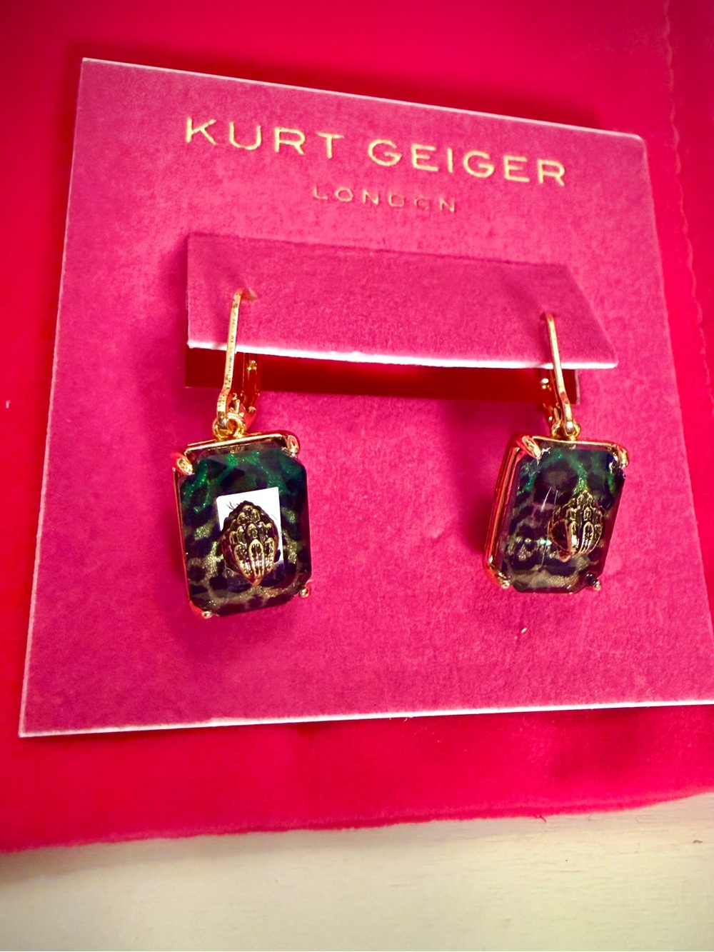 Kurt Geiger Green Leopard-Print Gold-Trim Drop Earrings